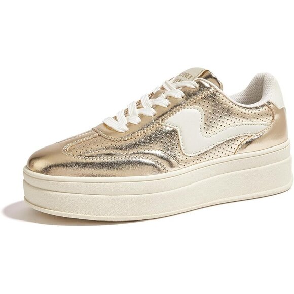 Shoes - Women Platform Gold White Sneaker Thick Sole Suede Leather Low Top Walking Shoes